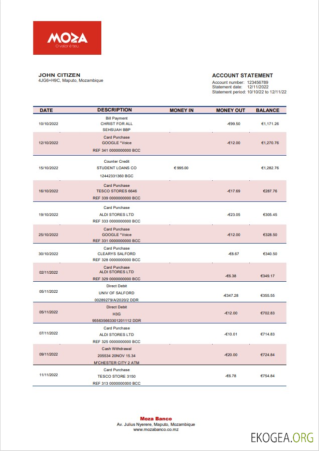 Relevé bancaire Moza au Mozambique